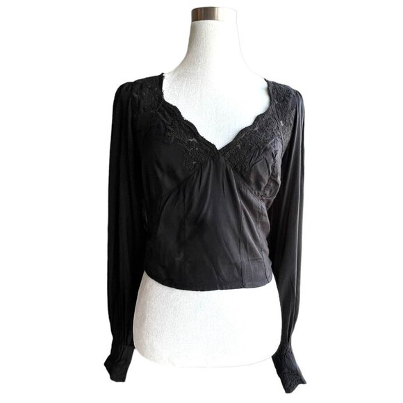 Free‎ People Revolve Womens Janelle Lace Top Size S Bohemian Romantic Black - Picture 2 of 11